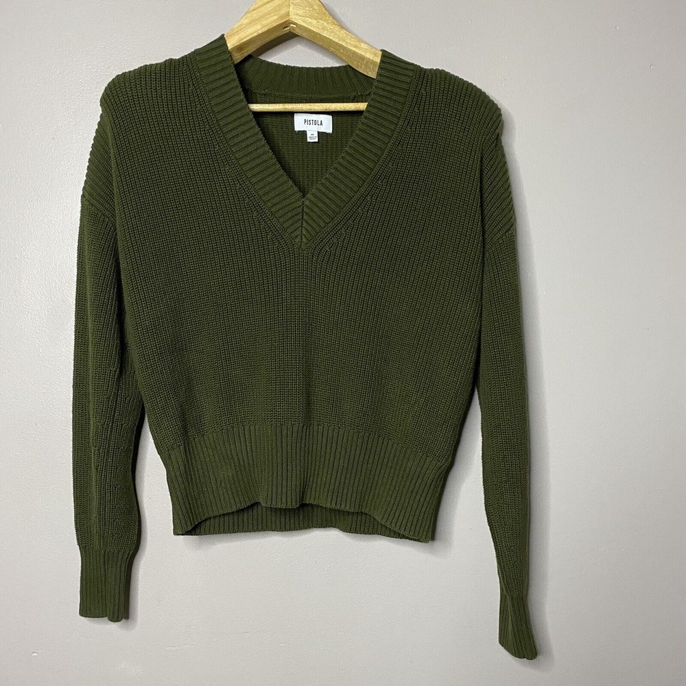 Pistola Camille Strong Shoulder Sweater V Neck Olive Green Women's Size M‎